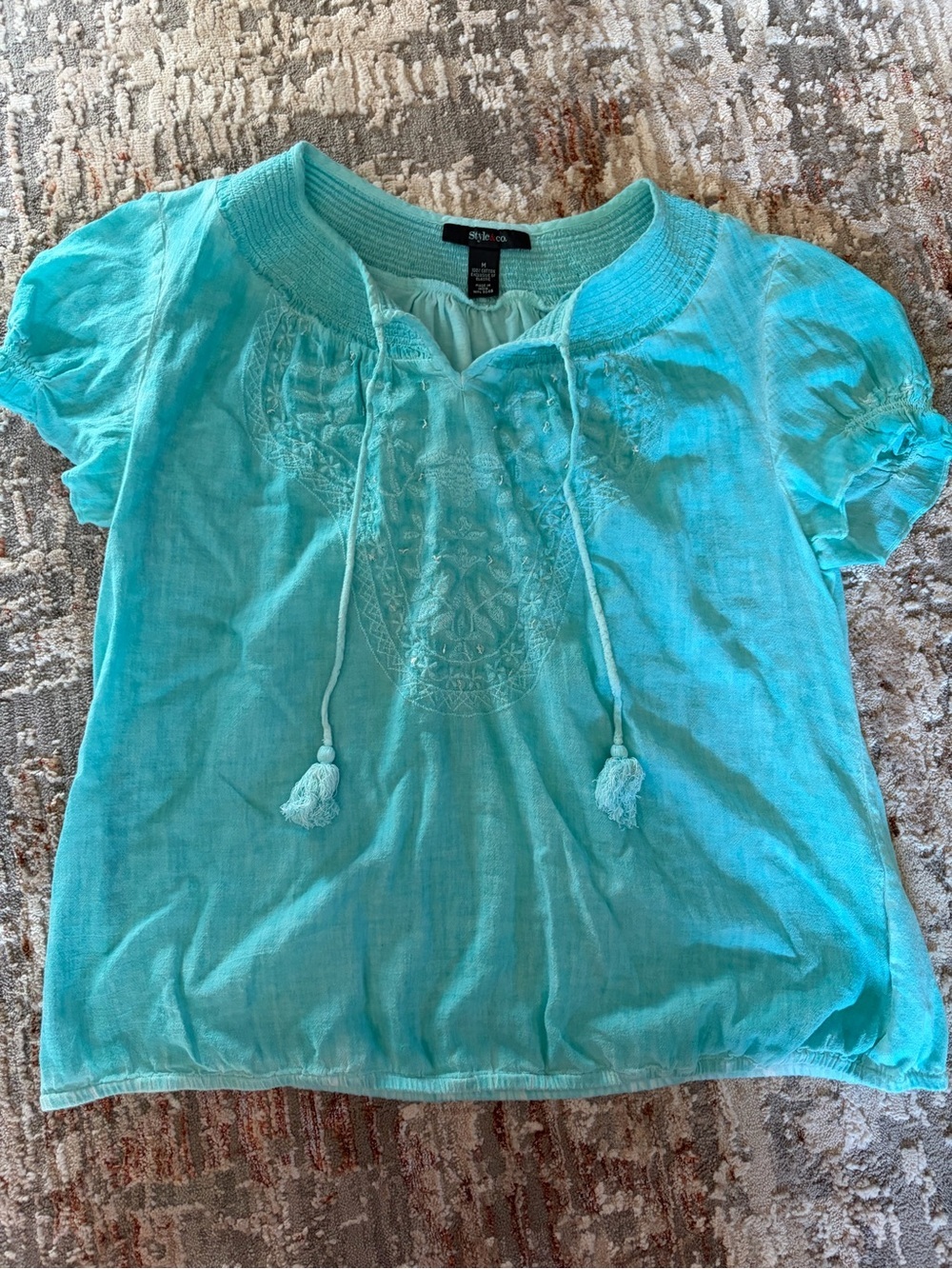 Style & Co. Embroidered Boho Peasant Blouse Aqua Medium